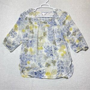 Lauren Conrad Sheer Floral Blouse Womens M Multicolor 3/4 Sleeve Casual Pullover